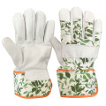 Goat Leather Palm Printed Cotton Back Rubberized Safety Cuff Garden Work Gloves